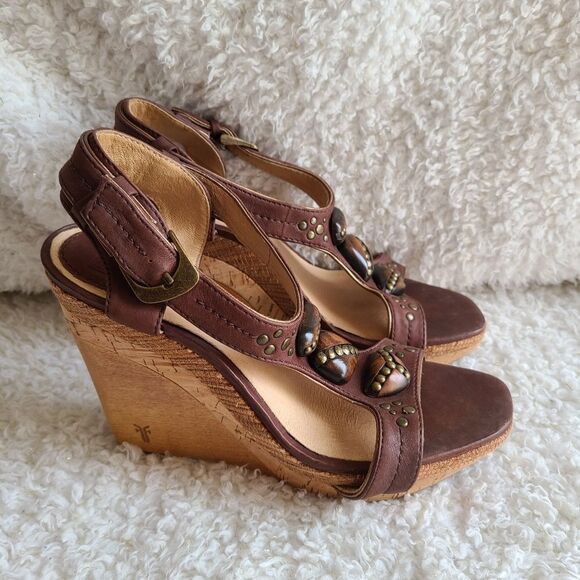 Frye‎ Bridget Ornament Embellished Leather Wooden Wedge Platform Sandals … - Picture 1 of 10
